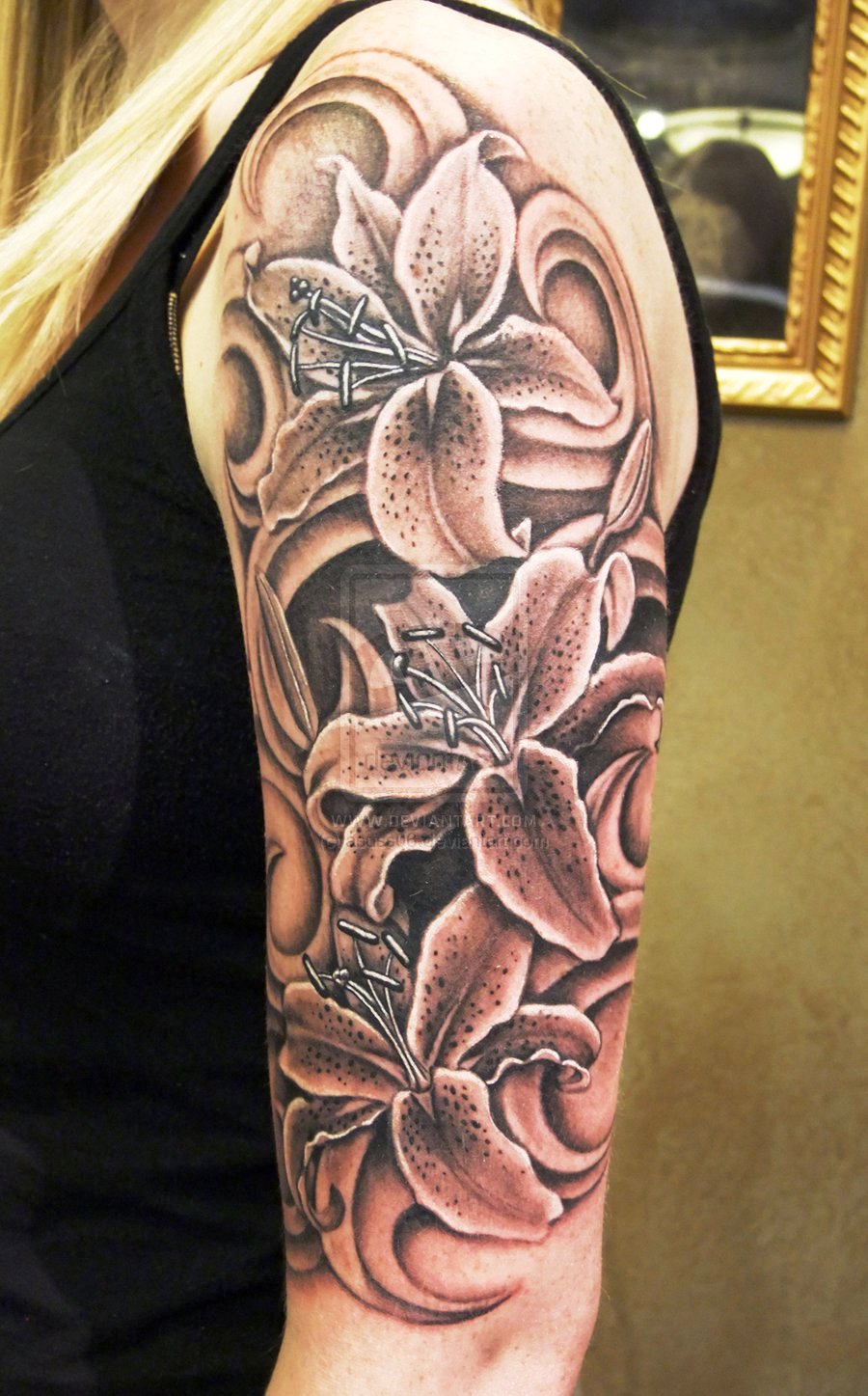 Black and Grey Lily Sleeve Tattoos