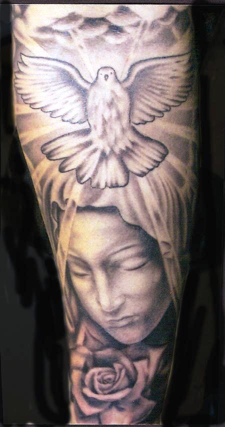 Black and Grey Religious Sleeve Tattoo Designs