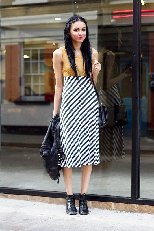 Black and White Striped Knee Length Dresses