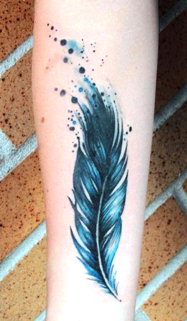 Blue Watercolor Feather Tattoo