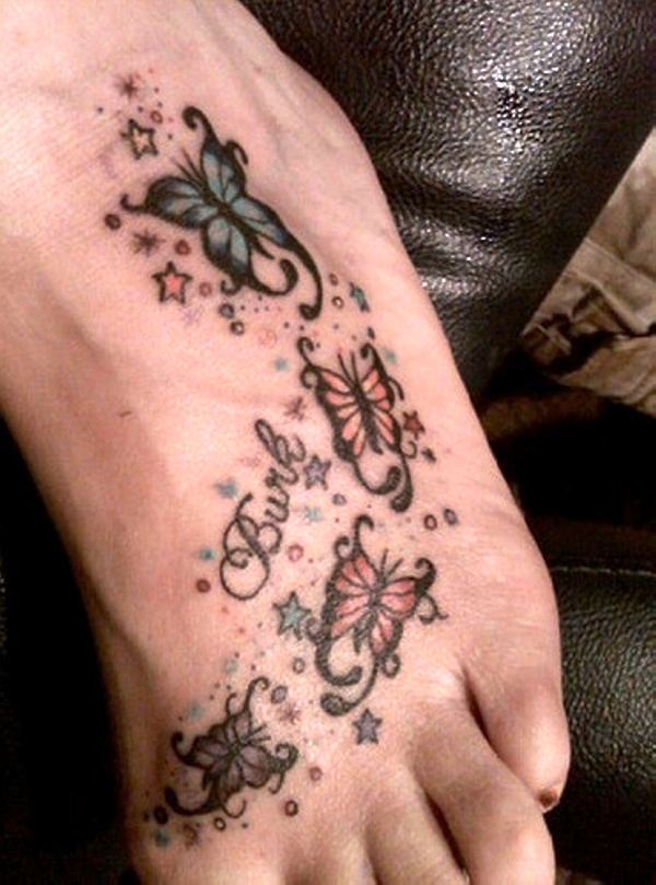 Butterfly Tattoo On Foot with Kids Names