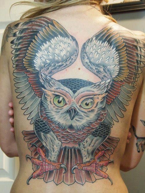 Colorful Back Owl Tattoos