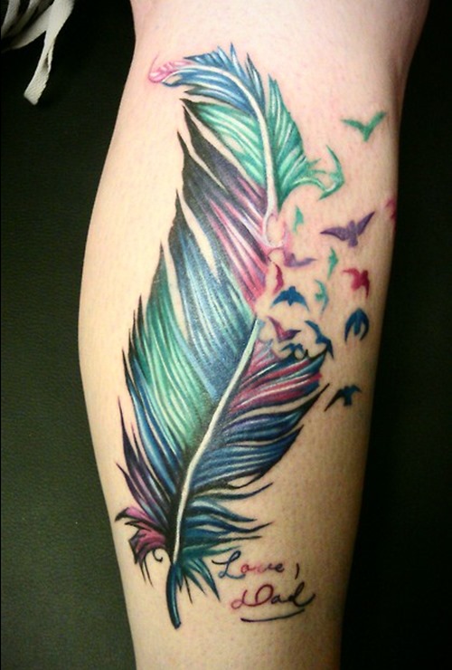 Colorful Feather with Birds Tattoo