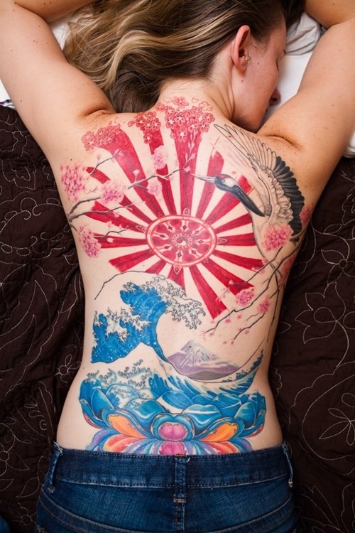 Colorful Full Back Tattoo Woman