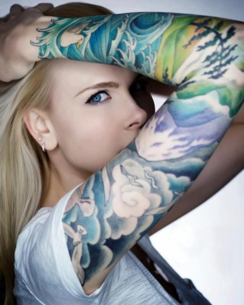 Colorful Girl Sleeve Tattoos