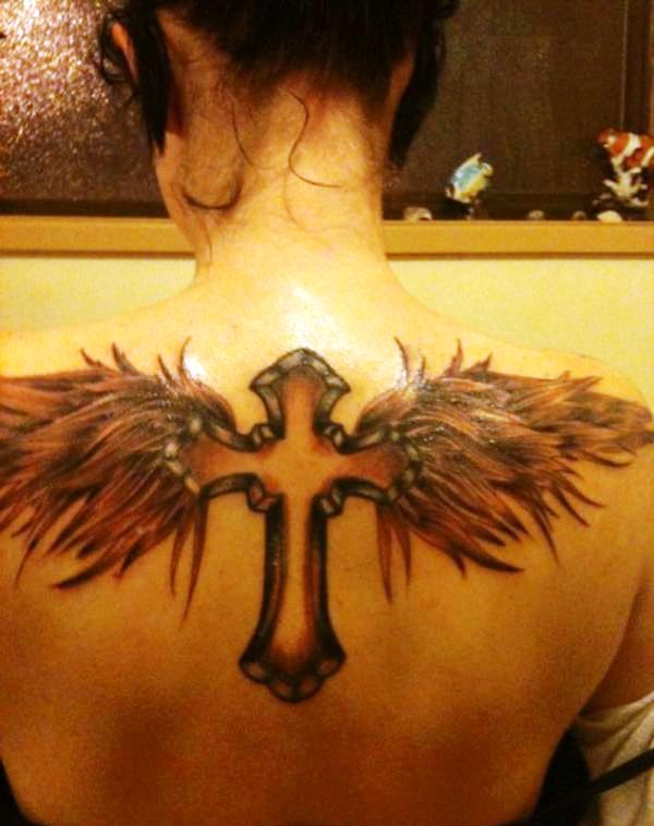 Cross Tattoo with Feathers