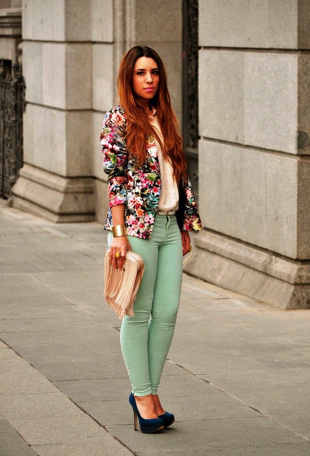 Floral Blazer Outfit with Colored Jeans