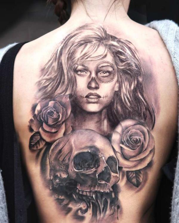 Girl Skull Rose Tattoo