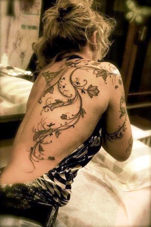 Gorgeous-Vine-and-Flower-Back-Tattoo-for-Women