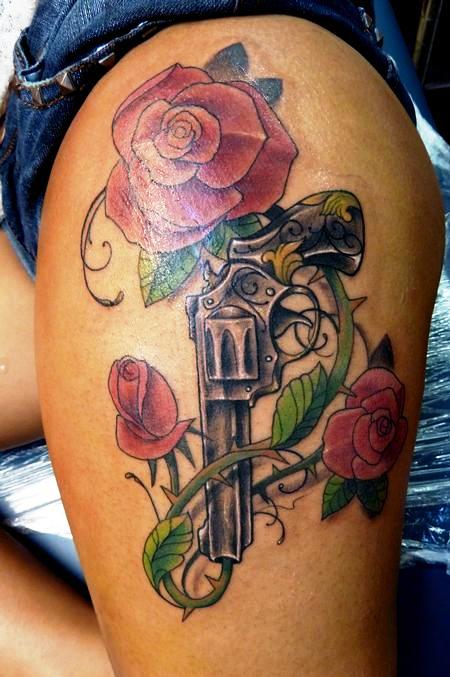 Guns and Roses Thigh Tattoo Designs