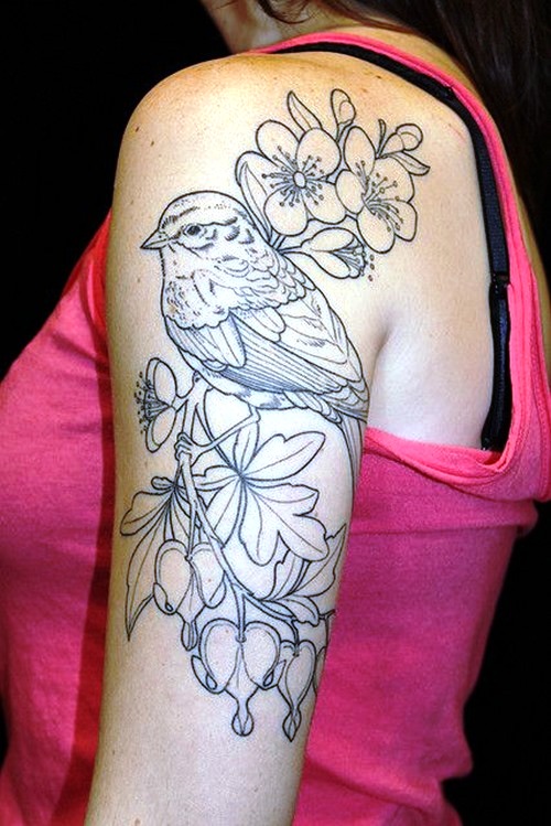 Half Sleeve Tattoos Flowers and Bird