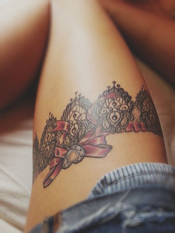 Lace Garter Thigh Tattoo Designs Women