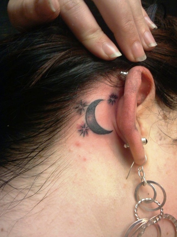 Moon and Star Tattoos Behind Ear