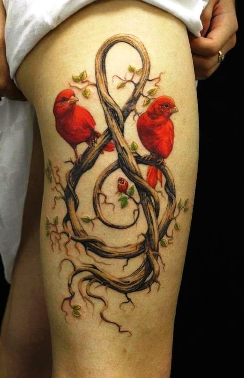 Red Bird and Music Note Tattoo