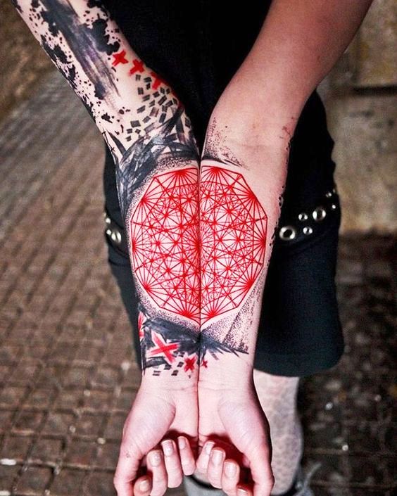 Red and Black Geometric Tattoo Sleeve