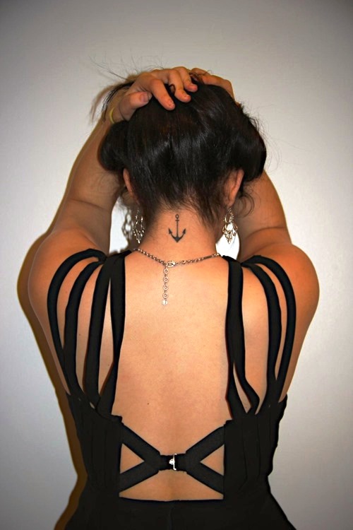 Small Anchor Tattoo On Back of Neck for Women