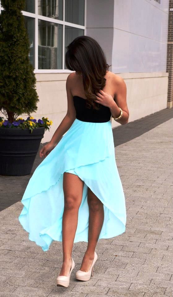 Tiffany blue hi low dress and nude heels
