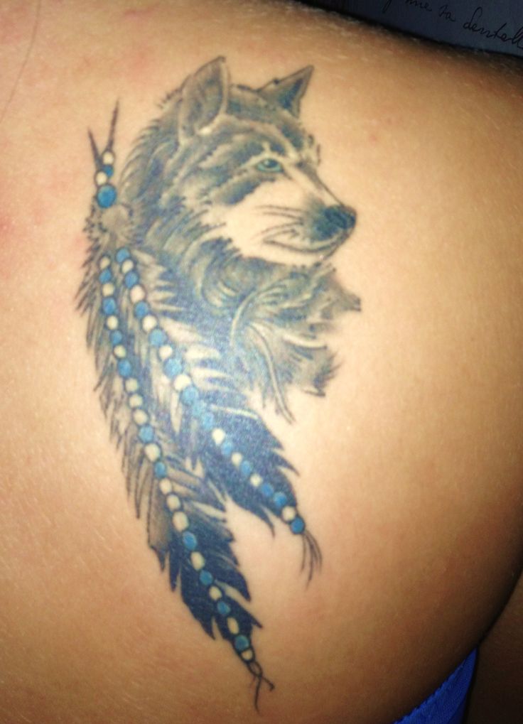 Wolf and Indian Feathers Tattoo