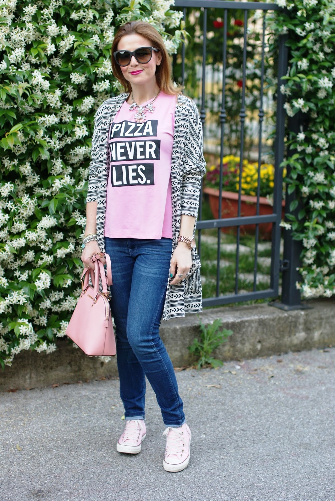 pink tops denim jeans