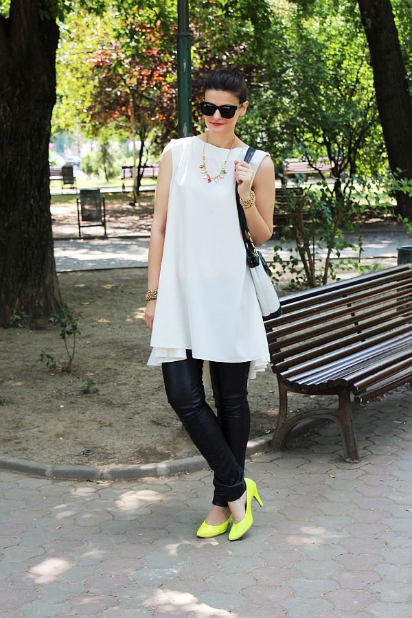 street style leather pants, white asymmetric dress, neon shoes
