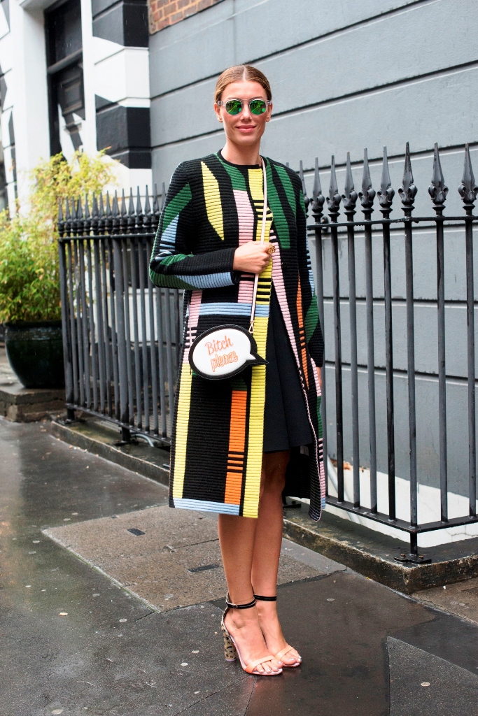 LONDON, ENGLAND - SEPTEMBER 21: Digital and Social Media Director Sarah Somberg wears Peter Pilotto coat and Sophia Webster bag on day 4 during London Fashion Week Spring/Summer 2016/17 on September 21, 2015 in London, England. (Photo by Kirstin Sinclair/Getty Images)*** Local Caption *** Sarah Somberg