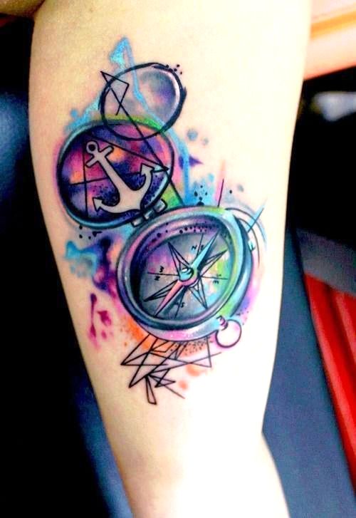 watercolor Anchor and Compass Tattoo