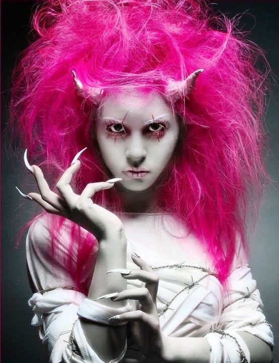 Pink horned demon makeup