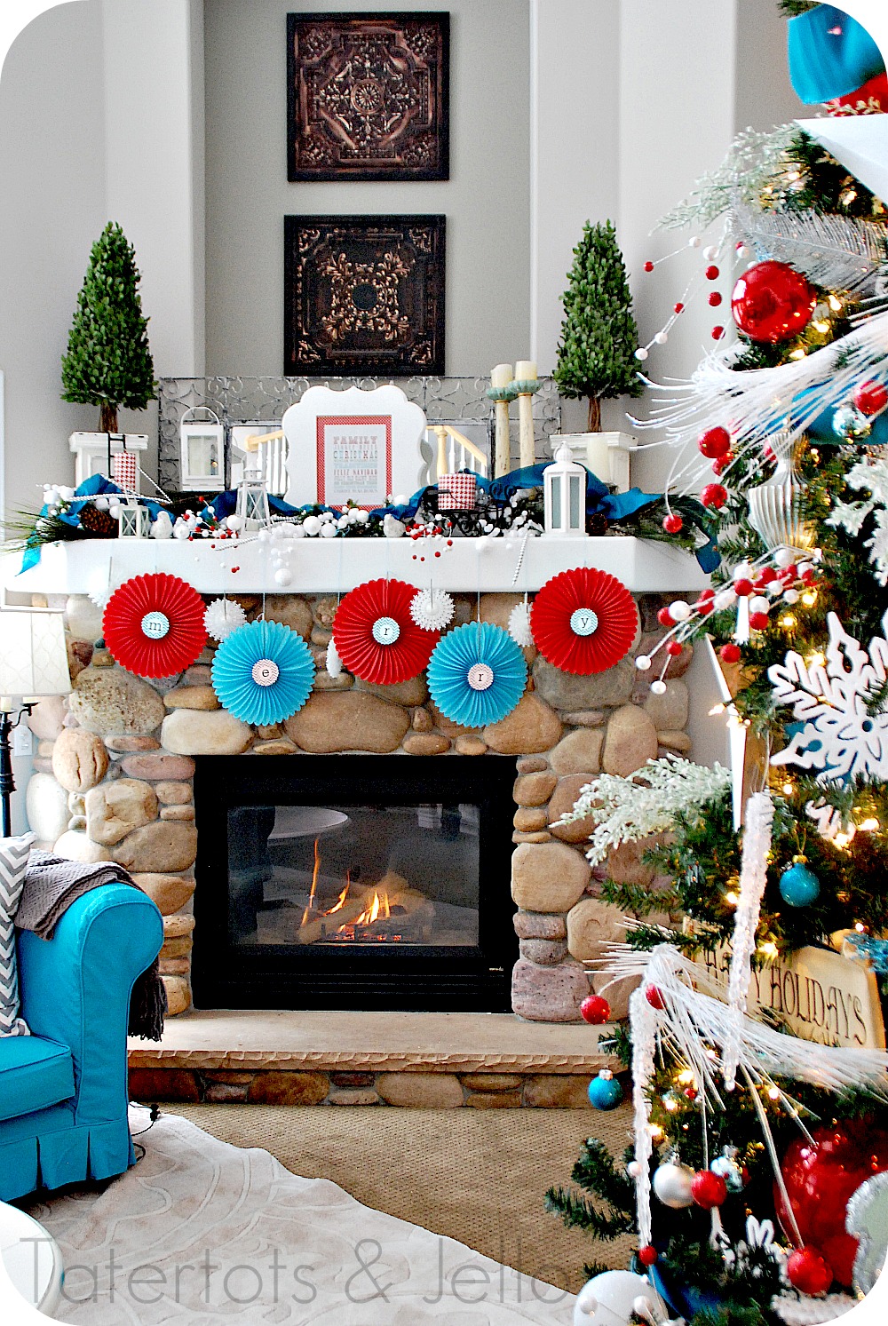 blue-and-red-christmas-mantel