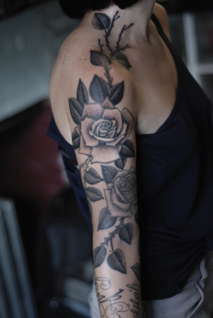 black-and-grey-rose-sleeve-tattoos