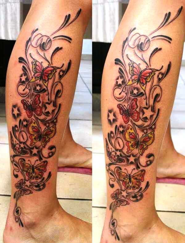 butterfly-and-stars-leg-tattoo