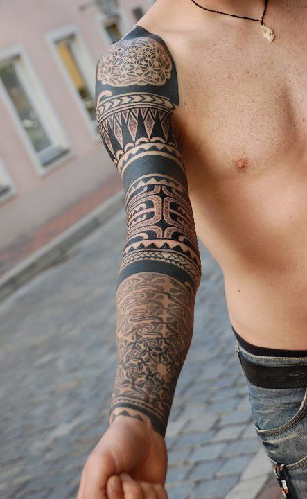 geometric-half-sleeve-tribal-tattoo